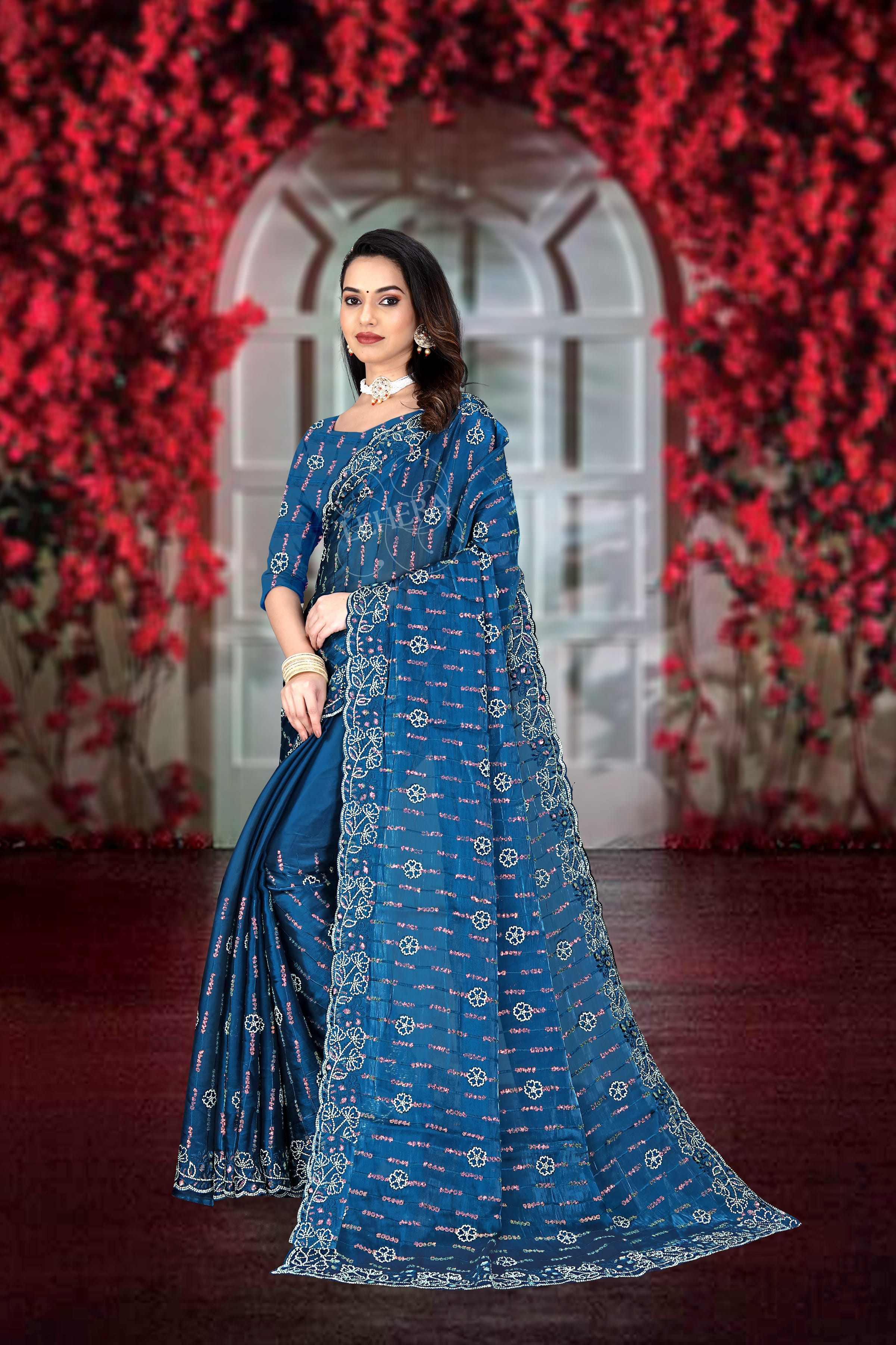  Exquisite blue Colour Jimmy Choo embroidery Saree designed to make you the epitome of elegance and style